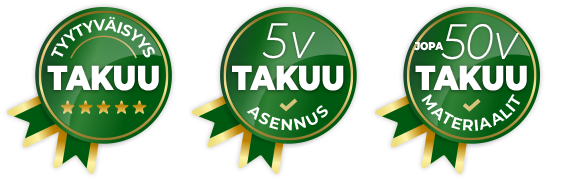 Asorin takuumerkit: tyytyväisyystakuu, 5 v asennustakuu, jopa 50 v materiaalitakuu